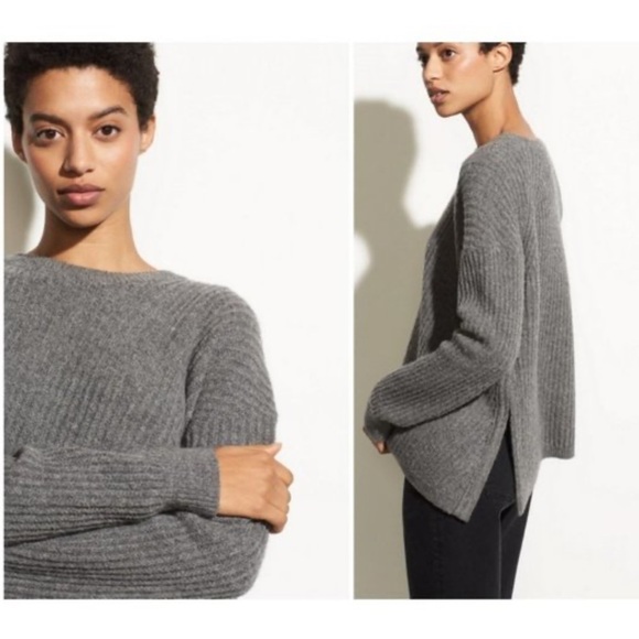 VINCE Side Slit Crew Neck Wool Blend Sweater Pullover Oversized Small Grey - Picture 5 of 14